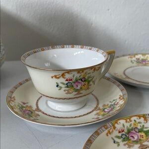 5 pcs Meito China Hand Painted Cup & 4 saucers with gold accents japan made